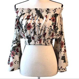 LF Love off-shoulder cropped blouse ivory floral S NWT